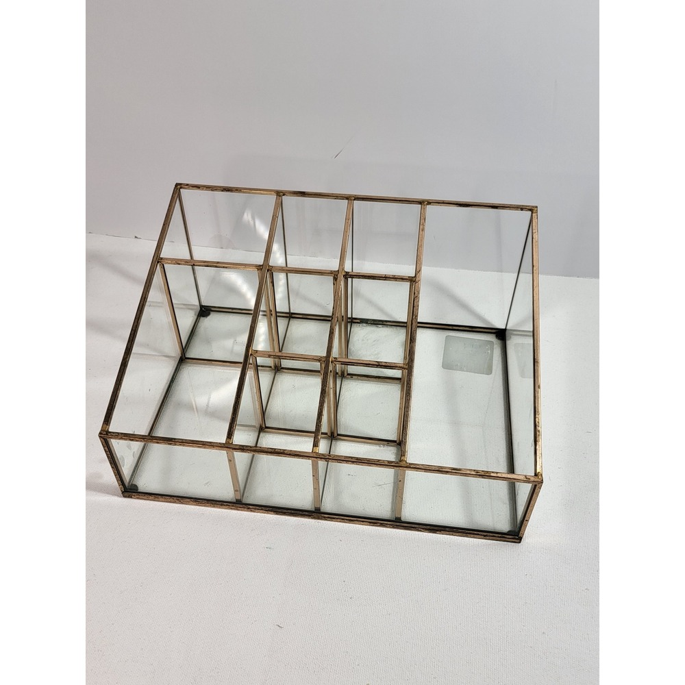 Vintage Style Glass and Brass Tiered Makeup Vanity Organizer 9 Compartment